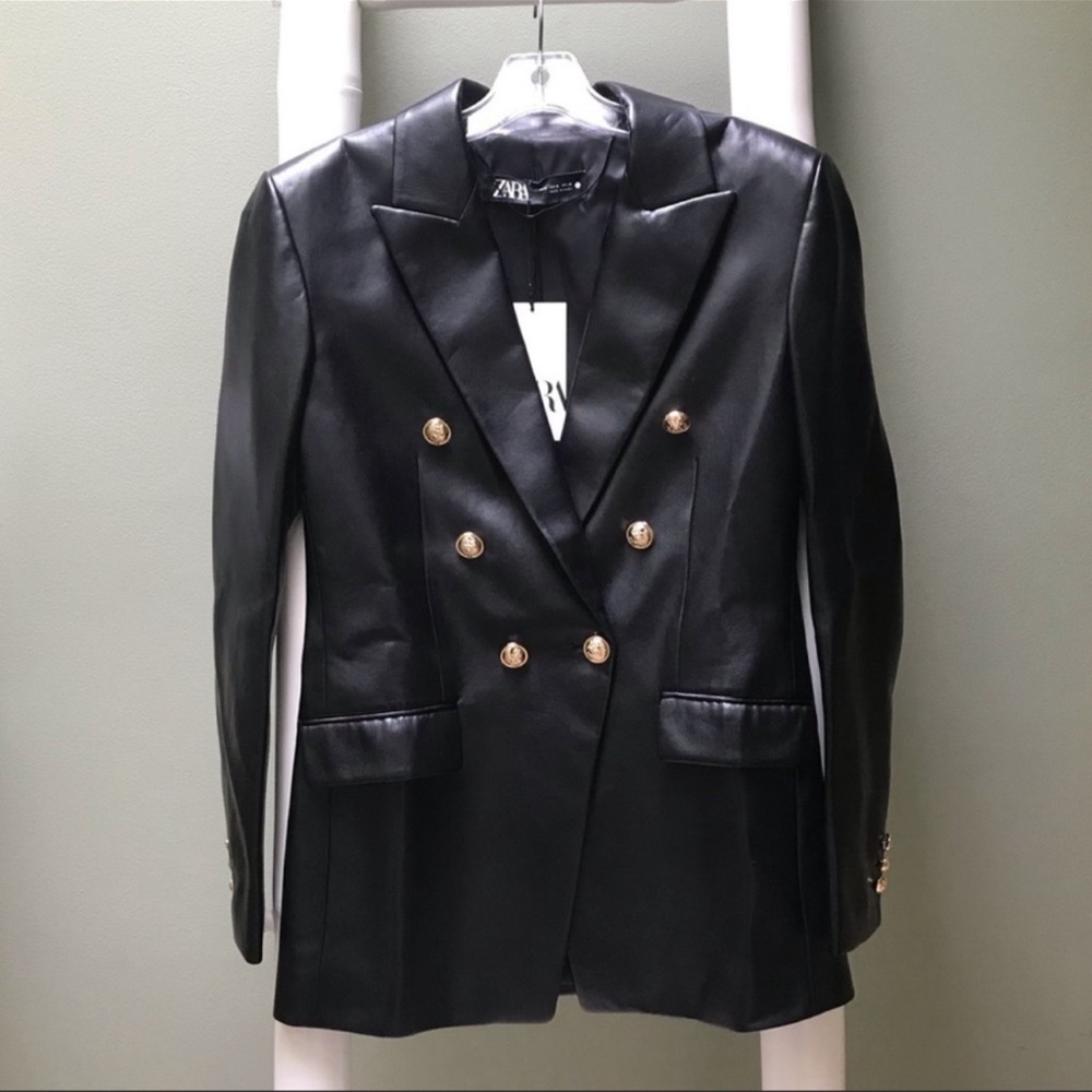 Exclusive NWT Zara Faux Leather Blazer with gold buttons, size M